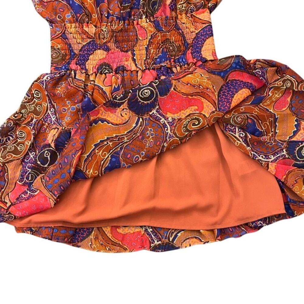 ALC Cory Dress 8 Terracotta Paisley Silk High Neck Smocked Waist Tiered Mini - Picture 11 of 15